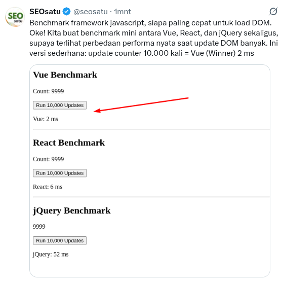 Benchmark JavaScript Modern: Vue, React, dan jQuery